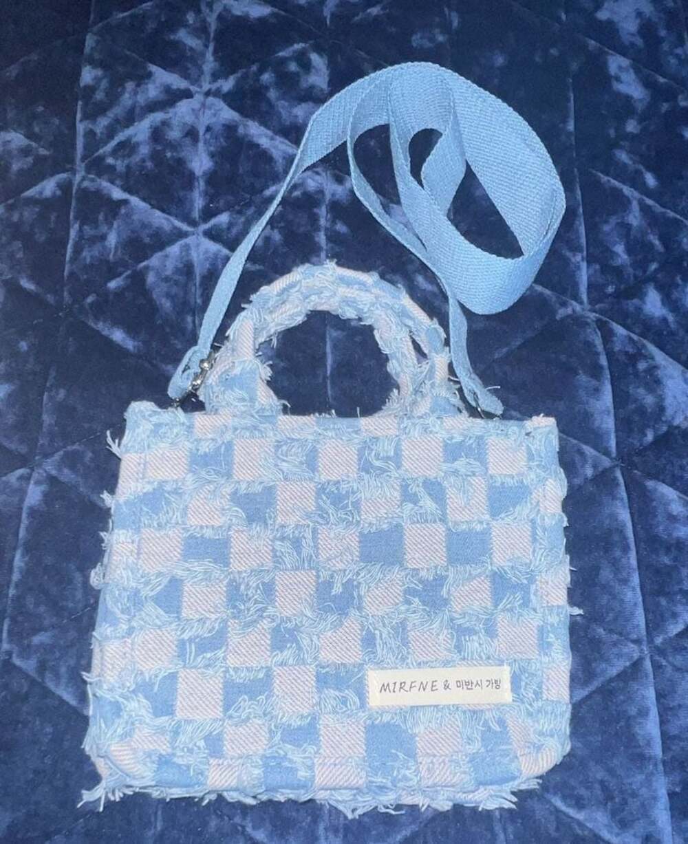 Blue and White Checkered Frayed Denim Crossbody